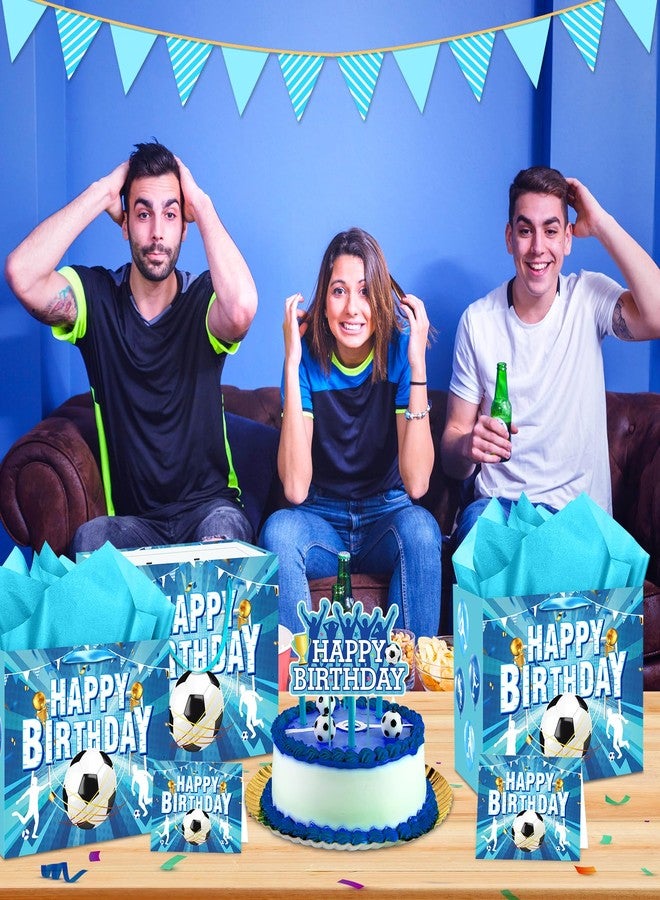 Wayyogh حقيبة هدايا عيد ميلاد للأولاد بتصميم كرة قدم، أكياس هدايا زرقاء مغلفة بورق تغليف كرة قدم مع بطاقة مناديل ورقية، أكياس هدايا كبيرة على شكل كرة قدم لحفلات أعياد الميلاد ذات الطابع الرياضي، لوازم تزيين حفلات استقبال المولود الجديد - Image 5